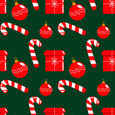 Christmas seamless pattern, candies, Christmas balls and red gifts on a green background. Graphic...