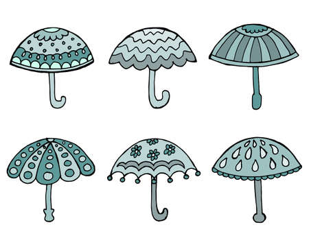 Illustration, a set of hand-drawn patterned assorted umbrellas in delicate emerald tones. Design for patterns, textiles, children's bedroom decor.のイラスト素材