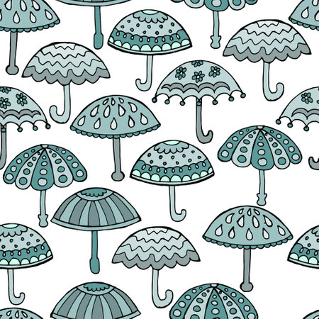 Seamless pattern, hand-drawn patterned various umbrellas in gentle emerald tones. Design for textiles, paper, decor for a children's bedroom.のイラスト素材