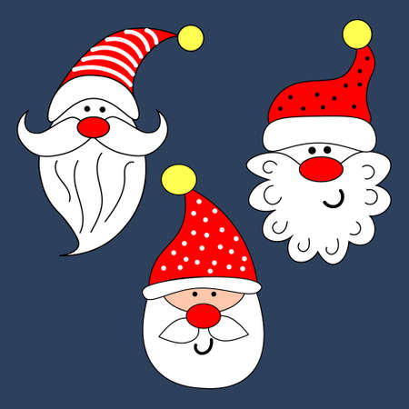 Christmas illustration, set of funny faces of Santa Claus. Red and white design on a blue background. Print, textiles, wrapping paper. Doodles.のイラスト素材