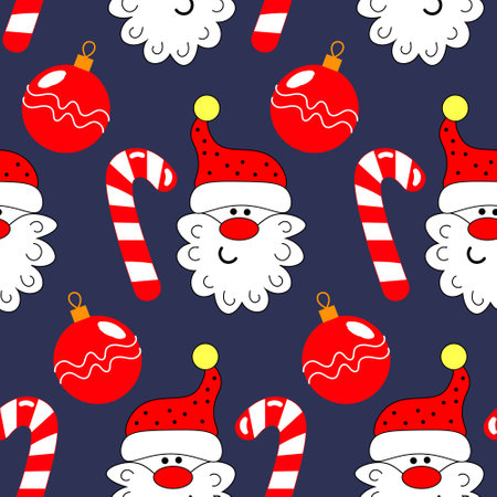 Christmas seamless pattern, funny Santa, Christmas balls and candies. Red and white design on a blue background. Print, textiles, wrapping paper.のイラスト素材