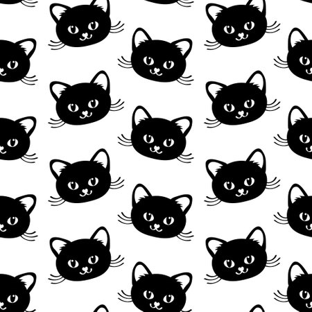 Seamless pattern, muzzles of cute black kittens on a white background. Graphic design for cards, posters, prints, textiles. Sticker, doodle.のイラスト素材