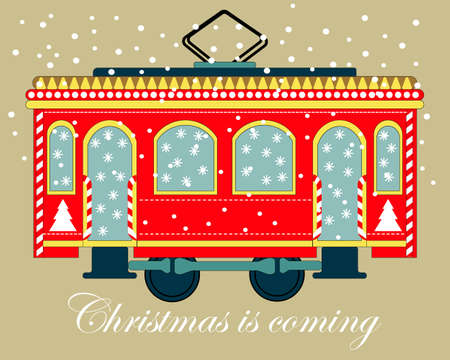Christmas illustration, cute red New Year tram decorated with Christmas trees and snowflakes. Lettering. Design for postcards, postersのイラスト素材