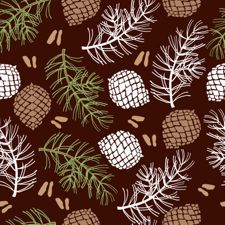 Seamless pattern, hand-drawn pine cones, branches and seeds. Brown tones. Design for textiles, paper, print.のイラスト素材