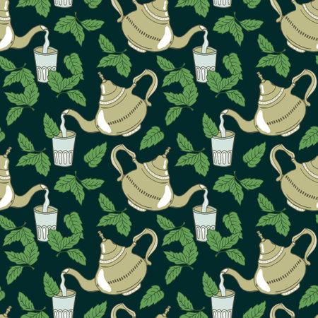 Seamless pattern, green tea with mint, hand-drawn retro teapot with a glass and mint leaves Design for textiles, paper, print.のイラスト素材