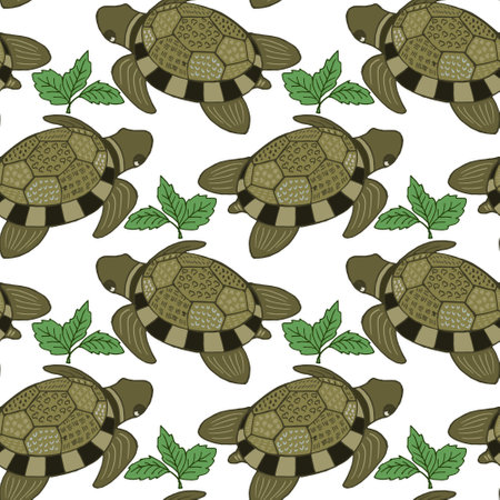 Seamless pattern, hand-drawn cute turtle with patterned shell and leaves. Design for textiles, paper, print.のイラスト素材