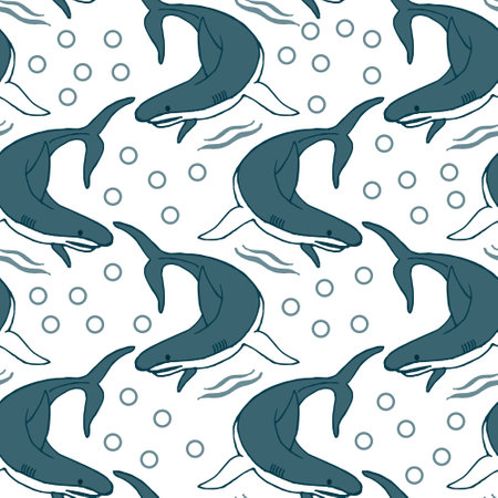 Seamless pattern, drawn sharks and bubbles on a white background. Marine animals for children's textiles, prints, wallpaper.のイラスト素材