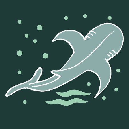 Illustration drawn killer whale and bubbles on a turquoise background. Marine animals for children's textiles, prints, stickers.のイラスト素材