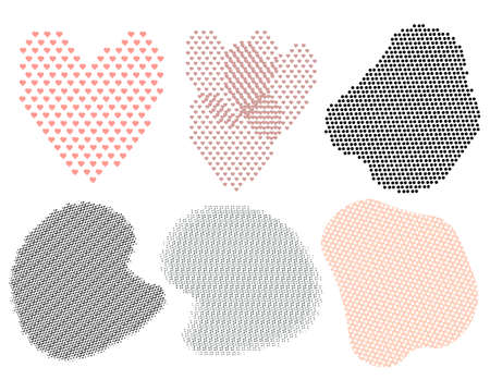 Illustration, a set of abstract textures in pastel colors, shapes in dots, in snowflakes, in hearts. Design for postcards, prints, backgrounds. Decor for the holidays.のイラスト素材