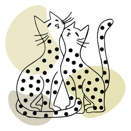 Wall art, two cute spotted cats hugging each other. Line drawing and abstract spots. Postcard, poster.のイラスト素材
