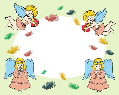 frame for text, hand-drawn cute angels with wings, girl and boys with hearts. Pastel shades. Graphic design for holiday card, printのイラスト素材