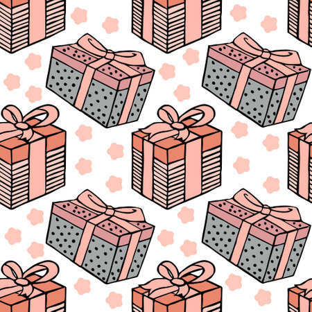 Seamless pattern, hand-drawn cute pink gifts in boxes with ribbon. Print. Design on a white background for textiles, paper, covers.のイラスト素材