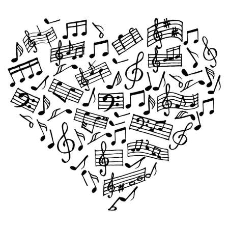 Music, heart, musical notes, treble clef and staves. Print. Black design on white background for postcard, paper, coverのイラスト素材