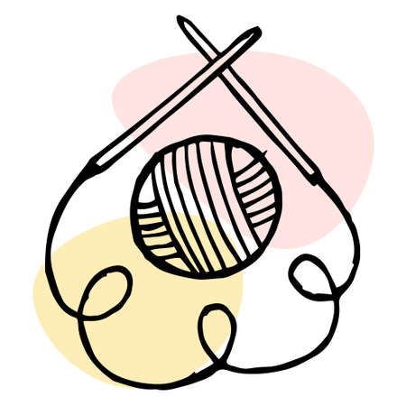 Illustration, icon, drawn ball of thread and circular knitting needles on abstract spots. Love for knitting.のイラスト素材