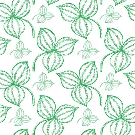 Seamless pattern, drawn green leaves of a clover on a white background. Stylized doodles. Print, textiles, cover, pastel linenのイラスト素材