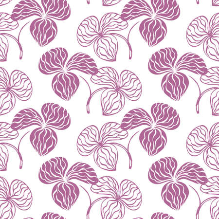 Seamless pattern, drawn lilac leaves of clover on a white background. Stylized doodles. Print, textiles, cover, pastel linenのイラスト素材