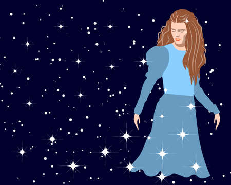 Vector illustration, a long-haired girl in a blue dress against the background of the starry sky. Fairy of the night. Postcard, posterのイラスト素材