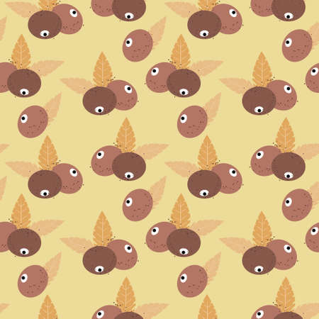 Seamless pattern, print, red berries with leaves on a pale yellow background. Graphic design for textiles, covers, paper, wallpaper.のイラスト素材