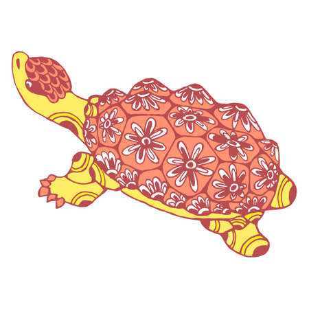 Illustration, hand-drawn stylized turtle with ornament. Yellow-pink design, pastel colorsのイラスト素材