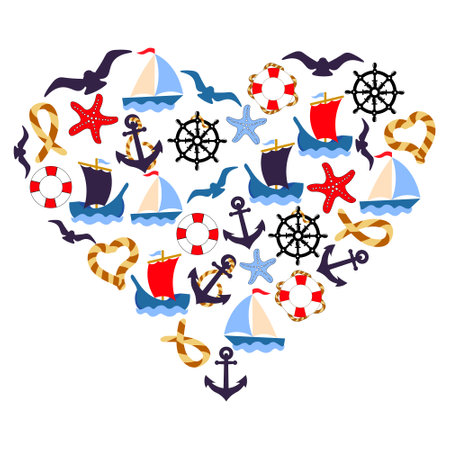 Marine illustration in the shape of a heart, ships, sailboats anchors, lifebuoys and seagulls. Love for sea travel. Print, decor for postcards, posterのイラスト素材