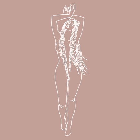 Line art, beautiful naked girl with long hair. White outline on a dark background. Poster, postcard, wall painting. Design for wall decor, print.のイラスト素材