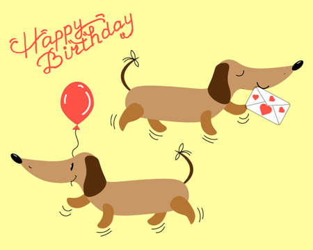 Happy birthday greeting card, two funny funny dachshund dogs with a balloon and a letter with hearts on a gentle badge background. For kidsのイラスト素材