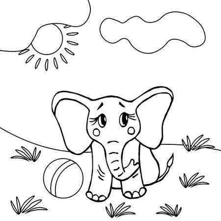 Sketch for coloring book, African animals. Hand-drawn baby elephant with ball, nature, clouds and sun. Children's illustration.のイラスト素材
