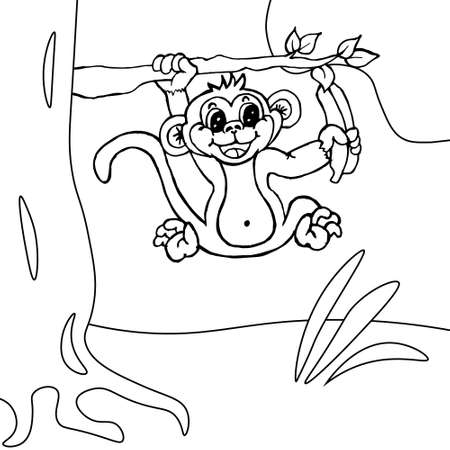 Sketch for coloring book, African animals. Hand-drawn monkey with a banana on the tree, nature, clouds and sun. Children's illustration.のイラスト素材