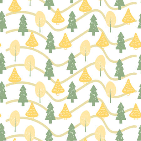 Seamless pattern, print from doodles, drawn forest trees and pines on a white background with gentle...