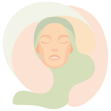 Abstract illustration, elegant face of a young woman in a headdress and abstract shapes. Pastel colors. Design for greeting card, poster, March 8のイラスト素材