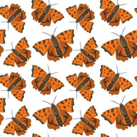 Seamless pattern, print, cute bright orange butterflies on a white background. Graphic design for textiles, wallpaper, covers, wrapping paper.のイラスト素材