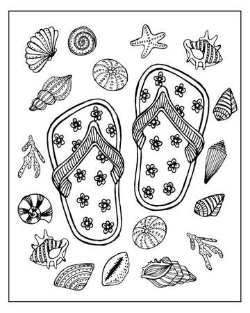 Summer illustration, flip flops on the background of a variety of seashells. Sketch for coloring books, anti stress for adults and childrenのイラスト素材