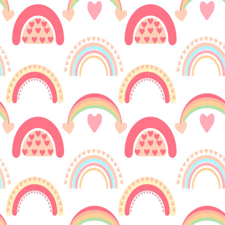 Seamless pattern, print, cute rainbows with hearts of pastel colors on a white background. Design for Valentine's Day, wedding. Textile, cover, wallpaperのイラスト素材