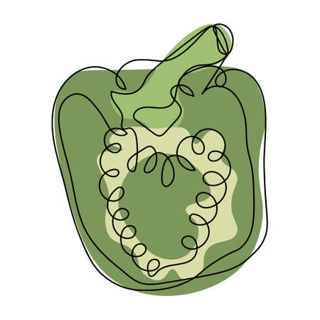 Vegetable illustration, line art. Green bell pepper in section, black line with the addition of colored spots. Minimal design, doodle, iconのイラスト素材