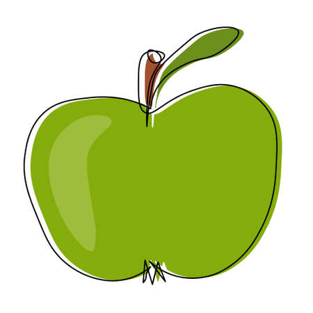 Fruit illustration, line art. Green apple, black line with color spots added. Minimal modern design, doodle, icon.のイラスト素材