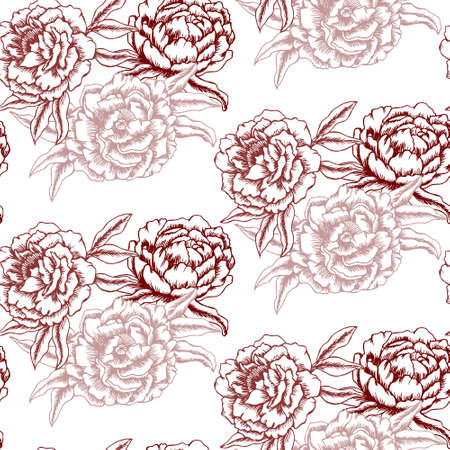 Seamless pattern, floral print, line art, hand drawn contour peonies. Pink shades. textile, wallpaper, pastel linen, coverの写真素材