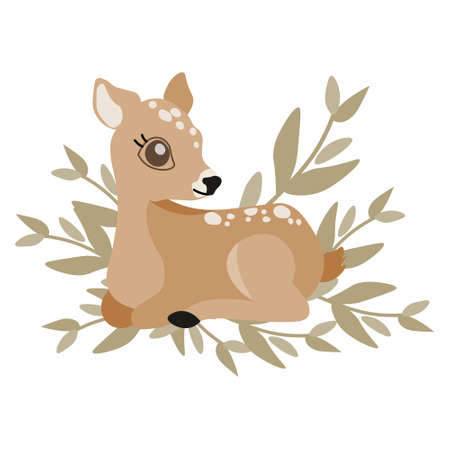 Illustration of forest animals, cute deer on the branches with leaves. Pastel colors. Children's bedroom decor, textilesのイラスト素材