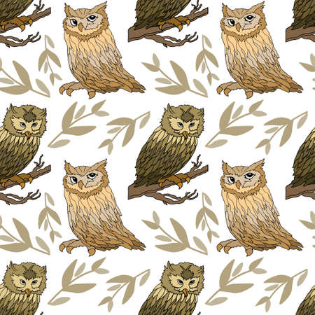 Birds seamless pattern, hand drawn detailed owls and twigs with leaves. Kids bedroom decor, print, textile, paper, wallpaperのイラスト素材