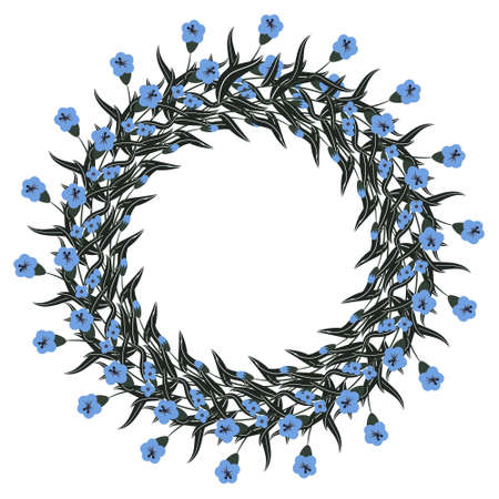 Wreath, frame of delicate blue small wildflowers with leaves. Decor for postcards, invitations to the wedding, birthday, anniversaryのイラスト素材