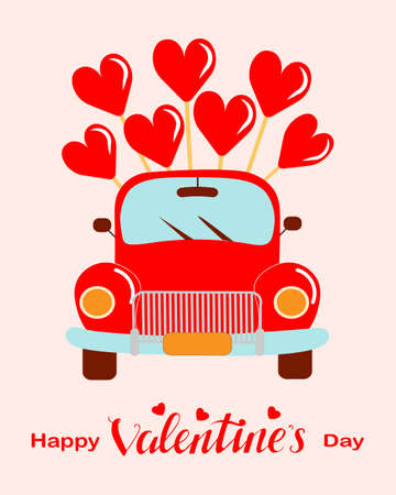 Illustration, cute red car carries heart shaped candies, lettering. Print for Valentine's Day, wedding. Postcard, posterのイラスト素材