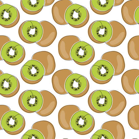 Fruit seamless pattern, drawn kiwi, whole and halves. Line art with color. Print, decor for textiles, paper, wallpaperのイラスト素材