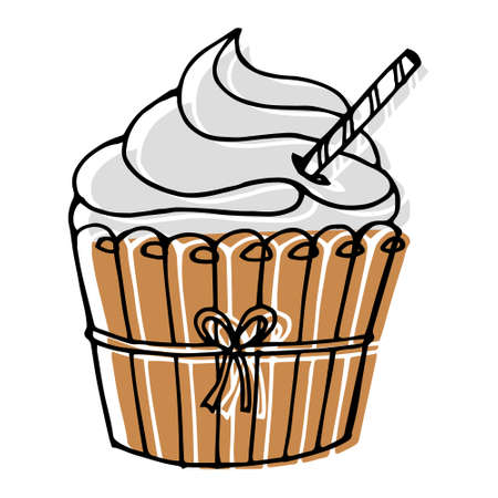 Illustration, hand drawn fruit cupcake. Black outline and pastel colors. Icon, doodle, design for confectionery, bakery, cafeのイラスト素材