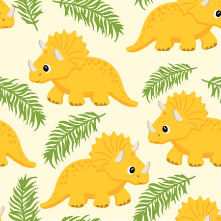 Seamless pattern, cute funny yellow dinosaurs and tropical leaves. Decor for kids, textiles, cover, printのイラスト素材