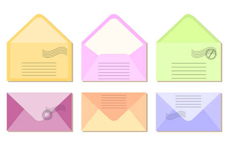 Set of open and closed postal envelopes in pastel colors, icons for posting in social networks, holiday decorのイラスト素材