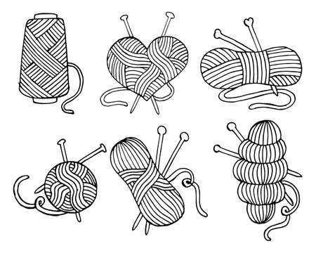 Set of icons on the theme of Knitting, hand-drawn skeins, balls of thread and knitting needles. Black outline on white backgroundのイラスト素材
