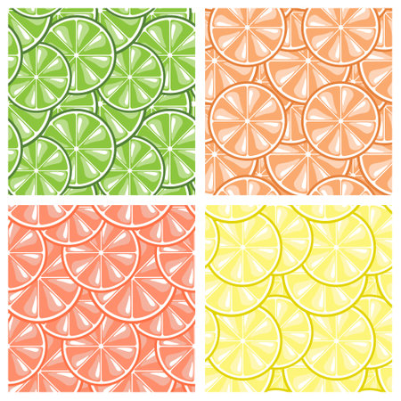 Citrus fruits seamless patterns, set. Pastel colored lemons, oranges, limes and grapefruits. Textile, paper, cover, print, wallpaperのイラスト素材