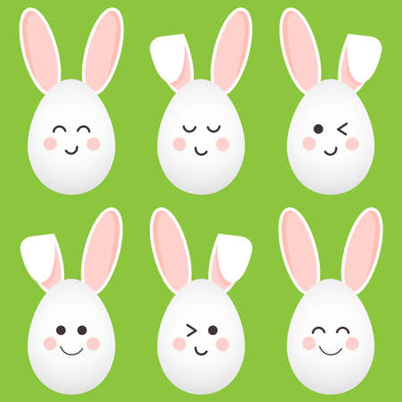 Set of cute Easter bunnies in the form of eggs with different emotions. Festive decor, stickers, iconsのイラスト素材