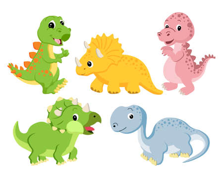 Set of drawn cute funny dinosaurs. Stickers for children, decor for holidays, postcardsのイラスト素材