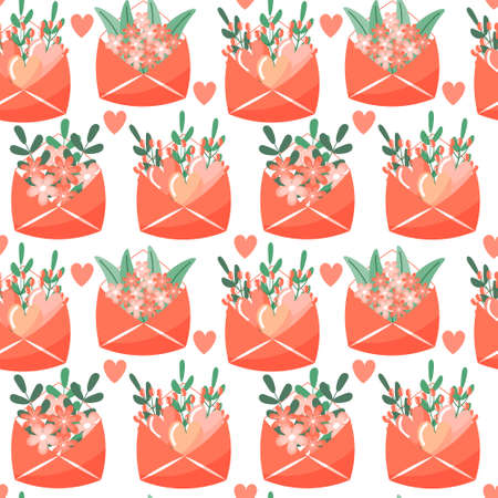 Seamless pattern, cute pink envelopes with hearts, flowers and branches with leaves on a gentle background. Textile, cover, holiday decorのイラスト素材