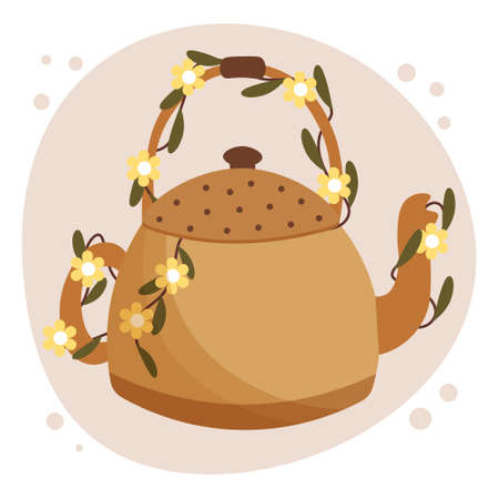 Illustration, cute teapot entwined with twigs with flowers, on an abstract background. Postcard, posterのイラスト素材